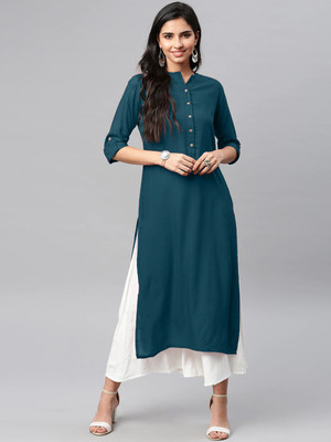 WOMEN VILLAGE Women Solid Straight Kurta(Blue)