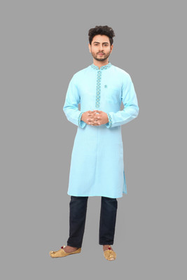 DRESSED UP DIVAS Men Embroidered Straight Kurta(Blue)