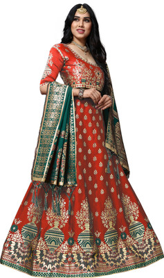 Mansvi Fashion Floral Print Semi Stitched Lehenga Choli(Red, Dark Green)