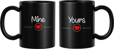 BLISSart Mine Yours Ceramic or Tea Cup Best Gift For Couples Boyfriend Girlfriend Husband Wife (350ml or 11Oz; Black) - Set of 2 Ceramic Coffee Mug(350 ml, Pack of 2)