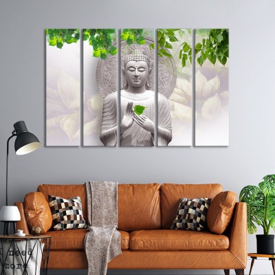 999Store White Rectangular Engineering Wood Lord Buddha Wall Frames Painting (Set of 5) Digital Reprint 30 inch x 51.18 inch Painting(With Frame, Pack of 5)