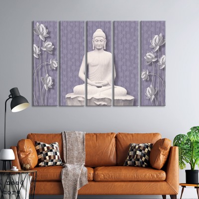 999Store White Rectangular Engineering Wood Lord Buddha & Rose Flowers Wall Frames Painting (Set of 5) Digital Reprint 30 inch x 51.18 inch Painting(With Frame, Pack of 5)