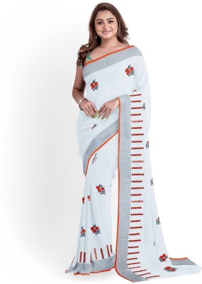 CHITRA FASHION Embroidered Chanderi Cotton Linen Saree(White)