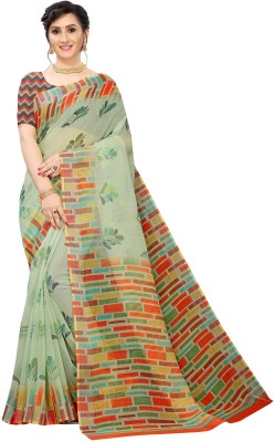 Fevinaa Floral Print Bollywood Cotton Linen, Linen Saree(Green)