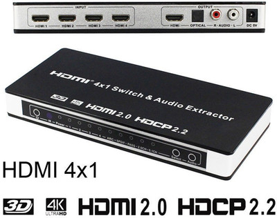 microware 4K HDMI Switch, 4x1 HDMI Switcher Optical Toslink L/R Audio Extractor with IR Remote Support Ultra HD 4K@60Hz HDCP 2.2 ARC 3D for PS4, Xbox One, Blu-ray DVD Media Streaming Device(Black)