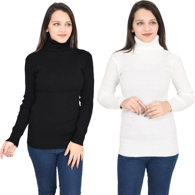THE LITTLE BOY Solid High Neck Casual Women Black, White Sweater
