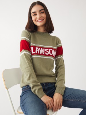 Zink London Striped Round Neck Casual Women Green Sweater