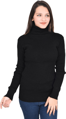 THE LITTLE BOY Self Design High Neck Casual Women Black Sweater