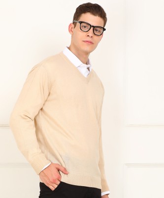 Billion Solid V Neck Casual Men Beige Sweater