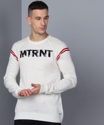 METRONAUT Self Design Round Neck Casual Men White Sweater