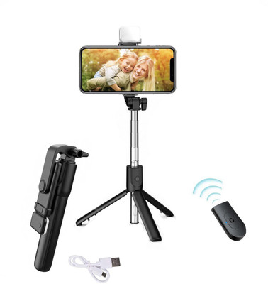 Wrapadore R1S Selfie Stick Mini LED Fill Light Tripod Selfie Extendable Bluetooth Selfie Stick Tripod with Detachable Wireless Remote Monopod, Tripod, Tripod Bracket, Tripod Bracket(Black, Supports Up to 700 g)