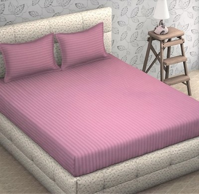 Panipat Wholesaler 250 TC Microfiber King Striped Flat Bedsheet(Pack of 1, Pink)