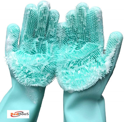 RedHooS Magic Dishwashing Gloves with Scrubber, Silicone Cleaning Reusable Scrub Gloves for Wash Dish,Kitchen, Bathroom (1 Pair: Right + Left Hand) Wet and Dry Glove(Free Size)