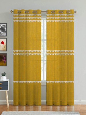 HOMEMONDE 182 cm (6 ft) Cotton Transparent Window Curtain (Pack Of 2)(Self Design, Yellow Multi Pompom)