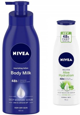 NIVEA Nourishing Body Milk Lotion 400 ML + Aloe Hydration Lotion 75 ML(475 ml)