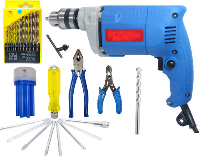 Mass Pro Combo_Set 10mm Electric Drill Machine, Drill Bits, Plier, Wire Cutter & Tester Power & Hand Tool Kit(25 Tools)
