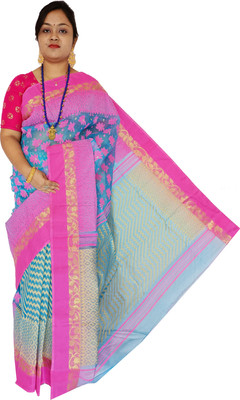 Mayabi Woven Jamdani Cotton Silk Saree(Blue, Pink)
