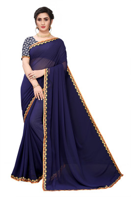 WHOLSALE BAZAR Solid/Plain Bollywood Georgette Saree(Blue)