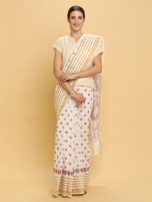 Manvish Drapes Printed Kasavu Pure Cotton Saree(White)