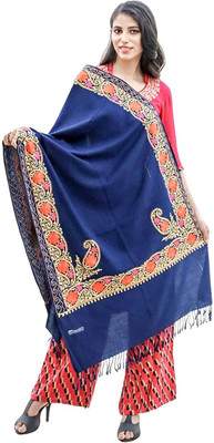 Feathers Polyester Wool Blend Embroidered Women Shawl(Dark Blue)