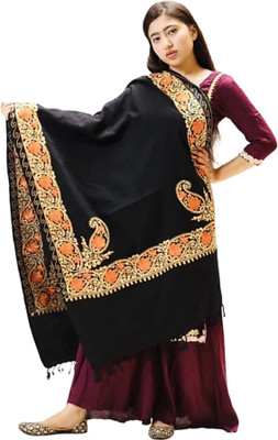 Feathers Polyester Wool Blend Embroidered Women Shawl(Black)