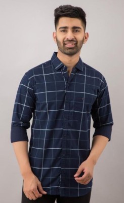 SEIGE Men Checkered Casual Dark Blue, White Shirt