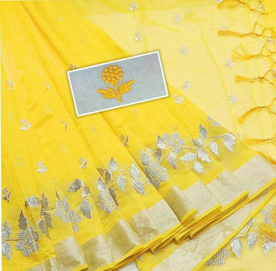 Quexle Dyed Ikkat Cotton Linen Saree(Yellow)