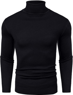 Clothify Solid High Neck Casual Men Black Sweater