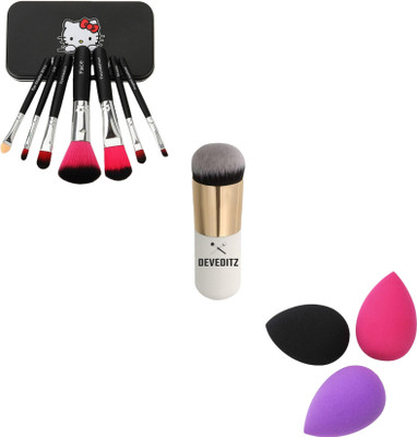 DEVEDITZ HELLO KITTY BLACK MAKE UP BRUSH SET 7PCS AND 1PCS FOUNDATION BRUSH AND 3PCS Make up Sponge Beauty Blender PUFF(Pack of 11)