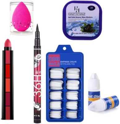 Bingeable HDA64 Pro Waterproof Sketch Pen Eyeliner + Long Lasting Super Matte 5in1 Lipsticks for Girls & Women + Half n Half Nail Wipes 30 (Blueberry/Multicolor) + Artificial Acrylic Nails (Pack of 100) with Nail Glue(6 Items in the set)