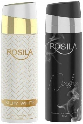 Rosila Silky White & Nasha Unisex Deodorant Body Spray || Super Saver Pack Of 2 || 200ml*2 Deodorant Spray  -  For Men & Women(400 ml, Pack of 2)
