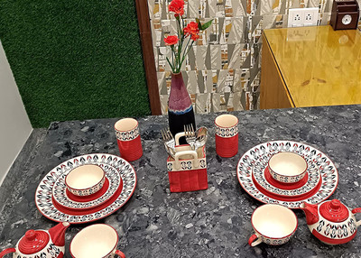 caffeine Ceramic caffeine Ceramic Handmade Arrow Pattern Dinner Combo Set (Set of 11 pcs ) Visit the Caffeine Store Dinner Set(Red, Microwave Safe)