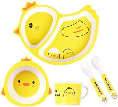 MIRTONICS Pack of 5 Bamboo Toddler Dinnerware Children Plate,Bowl,Cup,Fork and Spoon Bird Shape Dinner Set(Multicolor, Microwave Safe)