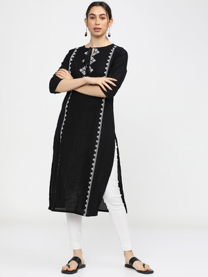 Vishudh Women Printed Straight Kurta(Black)