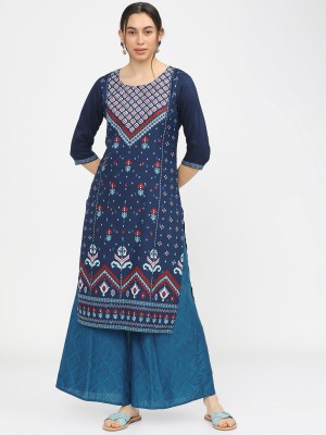 KETCH Women Printed Straight Kurta(Dark Blue)