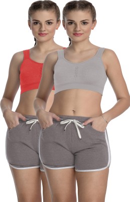 FIMS FIMS - Fashion is my style Women’s Cotton Sports Bra and Shorts for Women Dancing, Gym, Yoga, Running Sports Set for Girls, Combo Pack of 2 Bra, Red Grey with 2 Grey shorts, Bra Cup- B, Size- 34 Women Sports Non Padded Bra(Red, Grey)