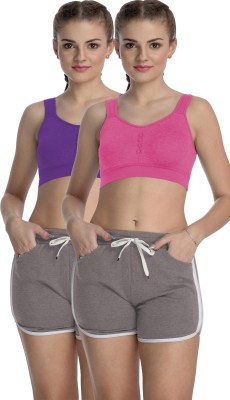 FIMS FIMS - Fashion is my style Women’s Cotton Sports Bra and Shorts for Women Dancing, Gym, Yoga, Running Sports Set for Girls, Combo Pack of 2 Bra, Pink Purple with 2 Grey shorts, Bra Cup- B, Size- 38 Women Sports Non Padded Bra(Pink, Purple)