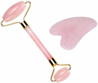 Techpro ROLLER WITH STONE ROSE 03 Facial Massage Roller with Gua sha Board Double Heads Jade Stone Face Lift Body Skin Relaxation Slimming Beauty Neck Thin Lift Tools Anti Wrinkle Face Body Head Foot Healthy Massager (Pink) Massager(Rose)