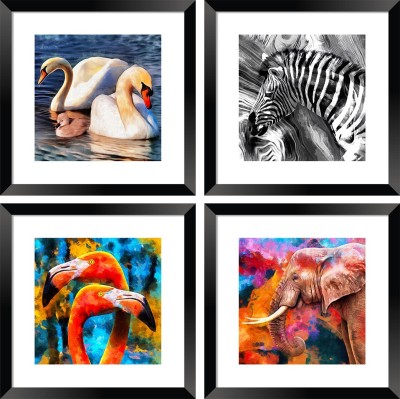 DBrush Set of 4 Painting Animal Nature Wall Art Decorative Gift item for Home Office 24 inch Synthetic wood Black Frame Digital Reprint 12 inch x 12 inch Painting(With Frame)
