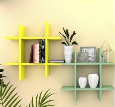 classiconline Wooden Wall Mount New 4 Patti Plus Wooden Wall Shelf(Number of Shelves - 8, Yellow, Blue)
