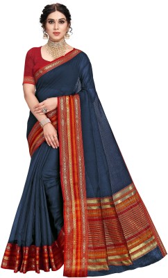 StyleDeal Woven Bollywood Pure Cotton Saree(Dark Blue)