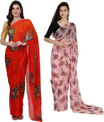 paras designer Floral Print Daily Wear Chiffon Saree(Pack of 2, Pink, Orange)