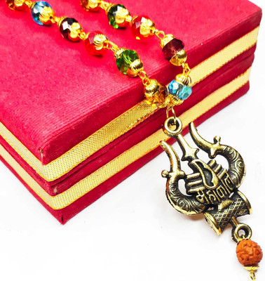 LETNIX Natural Navratna Mala In Metal Chain Mahakal Trishul Damru locket Navratna Stones Mala Necklace Stone Chain Gold-plated Plated Brass, Crystal Chain