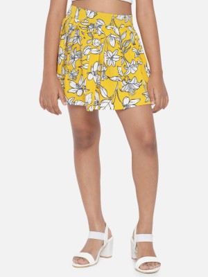 luyk Floral Print Girls Pleated Yellow, White Skirt