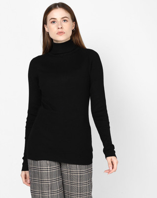 Brave Soul Solid Turtle Neck Casual Women Black Sweater