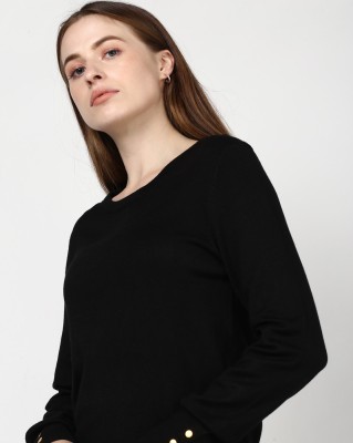 Brave Soul Solid Round Neck Casual Women Black Sweater