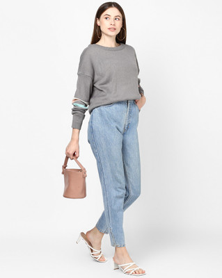 Brave Soul Solid Round Neck Casual Women Grey Sweater