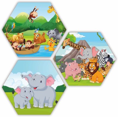 KREEPO Attractive Wall Art Of Cartoon Design, Cute Animals, Wooden Wall Hanging For Home Decoration 3 pcs (12inch x 10inch) Pack of 3(Multicolor)