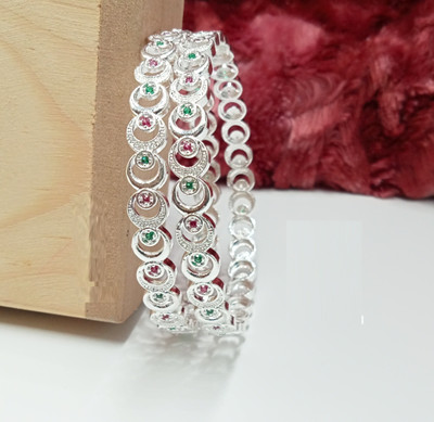 AK Brass Cubic Zirconia Silver Coated Bangle Set(Pack of 2)