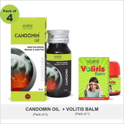 SCORTIS HEALTH CARE Candomin Pain Relief Massage Strong Ayurvedic Oil, Back, Legs, Joints, Muscles, Pack of 4 + Volitis Balm Gel, Cough, Cold, Headache Liquid(5 x 24 ml)